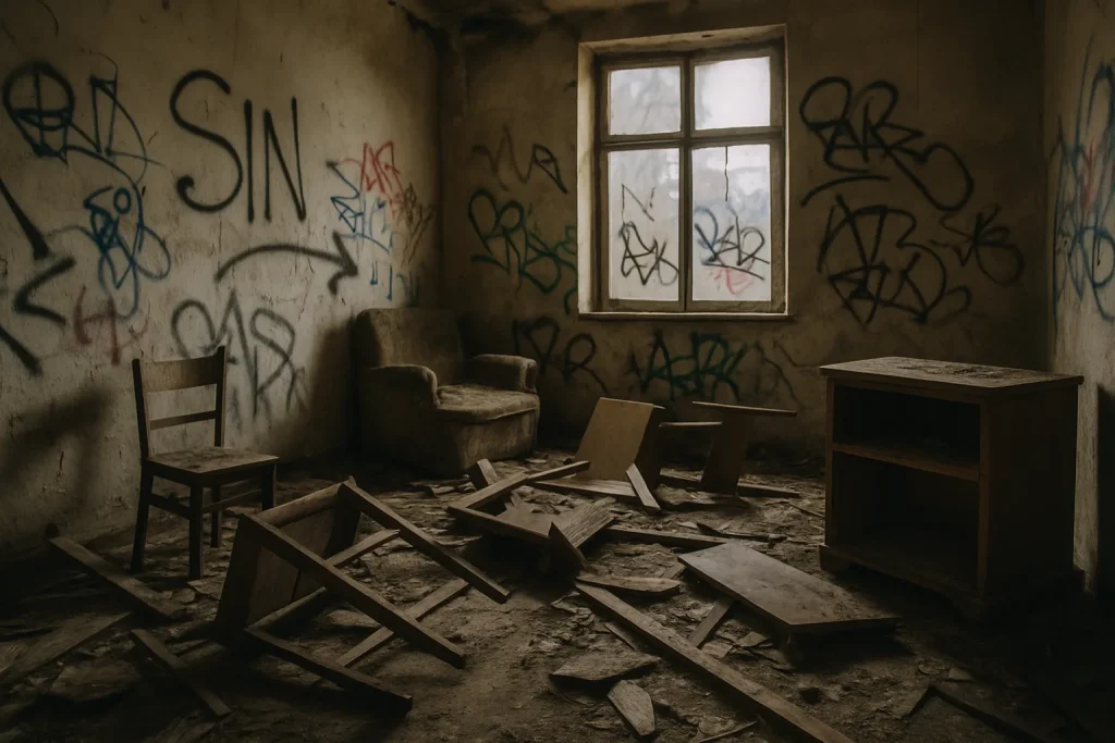 Appartement avec graffitis et meubles cassés, lumière tamisée, vue chaotique