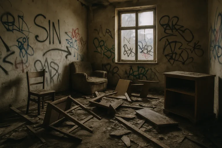 Appartement avec graffitis et meubles cassés, lumière tamisée, vue chaotique