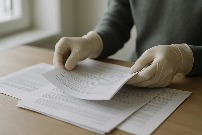 Homme en gants manipulant des documents de désinfection post-décès sur une table.