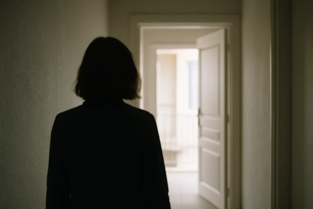 Silhouette floue de dos dans un couloir d'immeuble avec porte entrouverte, lumière douce