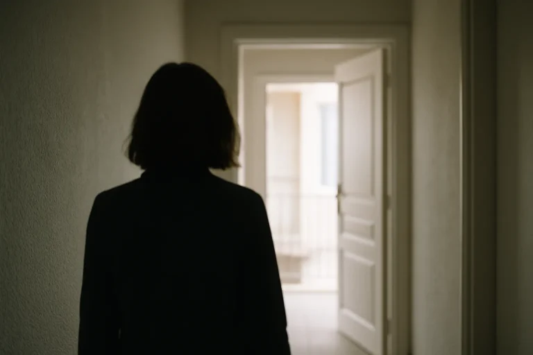 Silhouette floue de dos dans un couloir d'immeuble avec porte entrouverte, lumière douce