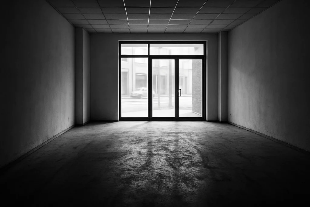 Local commercial vide, poussiéreux après travaux, lumière traversant une baie vitrée