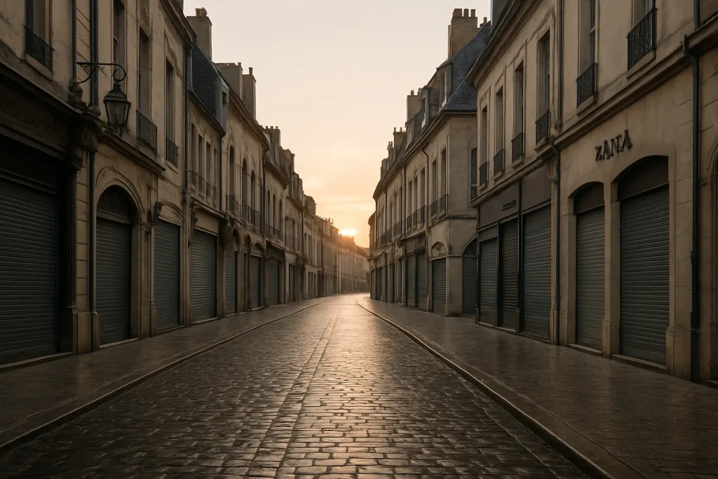 Rue commerçante à Dijon au lever du soleil, magasins fermés et pavés humides