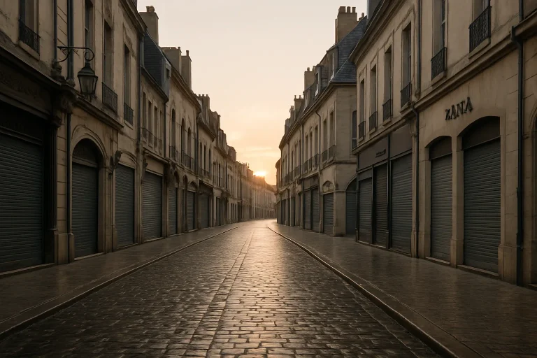Rue commerçante à Dijon au lever du soleil, magasins fermés et pavés humides