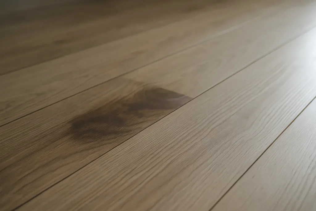 Gros plan sur un parquet avec une tache d'humidité visible à la lumière naturelle.