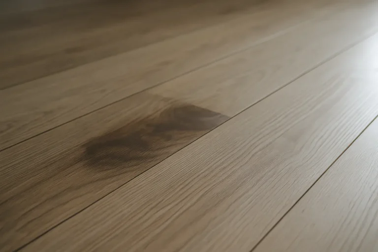 Gros plan sur un parquet avec une tache d'humidité visible à la lumière naturelle.